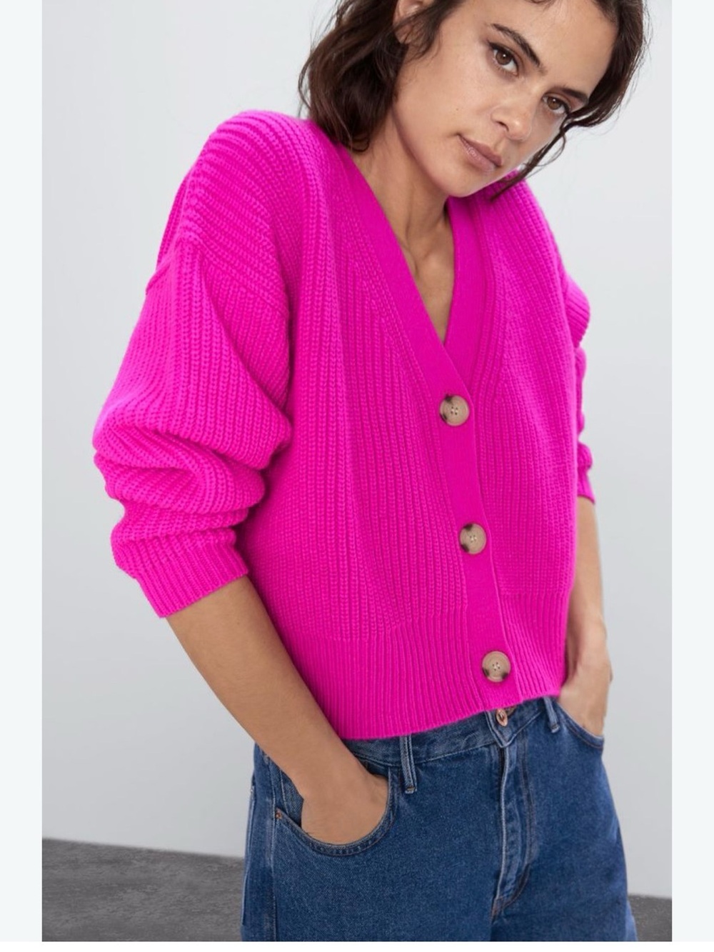 Zara Fuchsia V-Neck Button Ribbed Cardigan